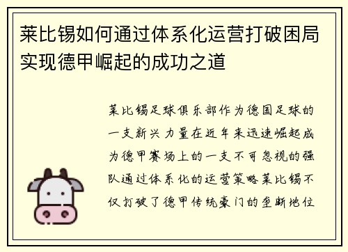 莱比锡如何通过体系化运营打破困局实现德甲崛起的成功之道