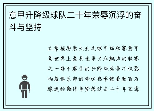 意甲升降级球队二十年荣辱沉浮的奋斗与坚持