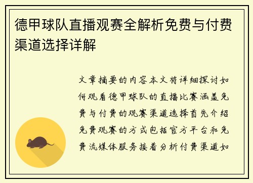 德甲球队直播观赛全解析免费与付费渠道选择详解