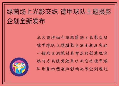 绿茵场上光影交织 德甲球队主题摄影企划全新发布